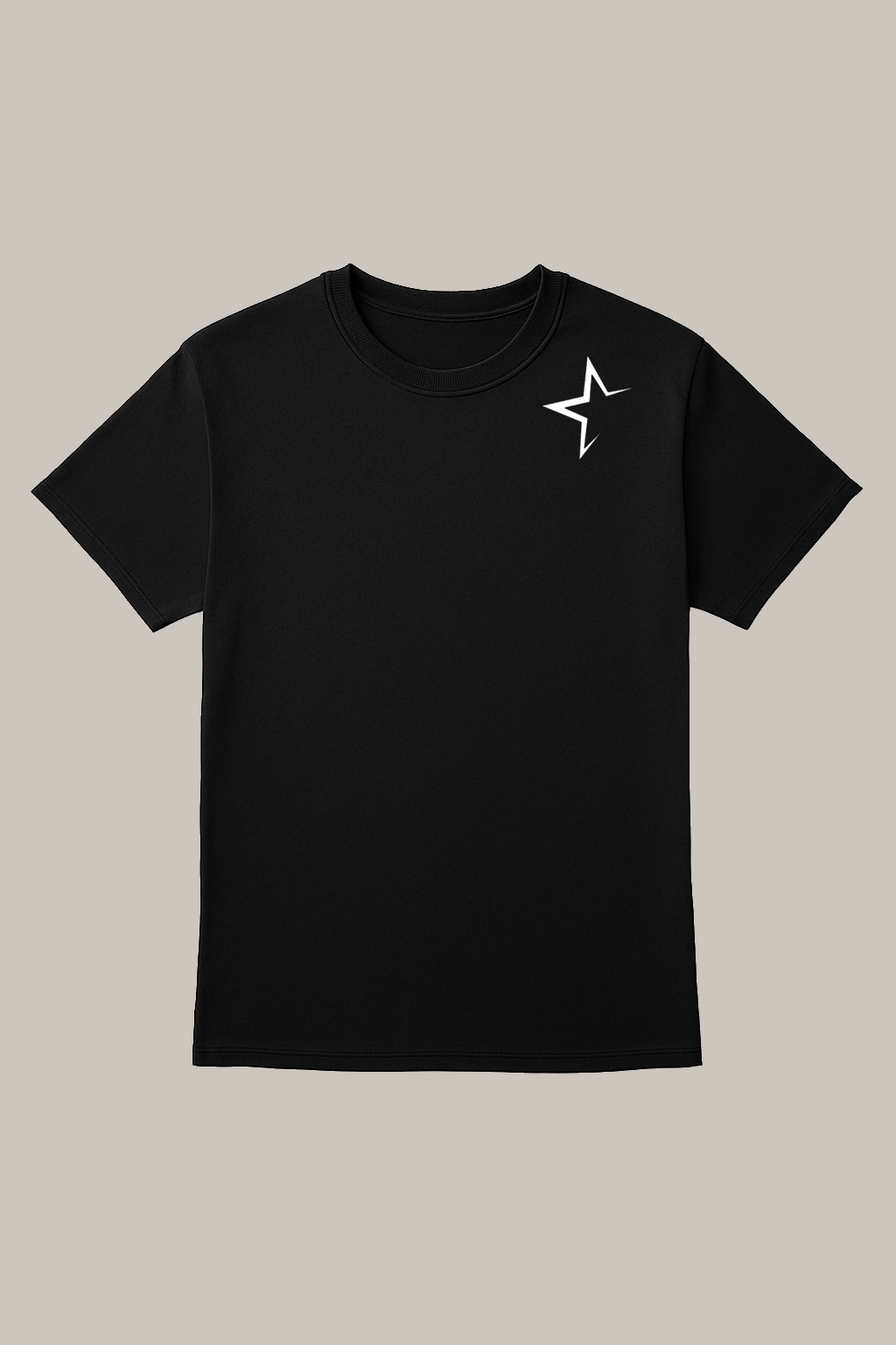 Minimal Black T-Shirt with White Star Shoulder Design – 100% Cotton, Unisex Fit, Soft & Stylish
