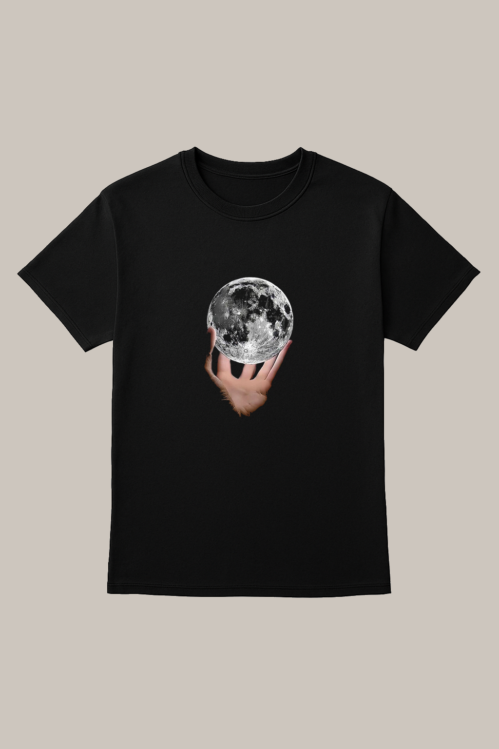 Black Cotton Unisex T-Shirt with Hand-Holding Moon Graphic – Soft Fabric Astronomical Print Tee for Men and Women