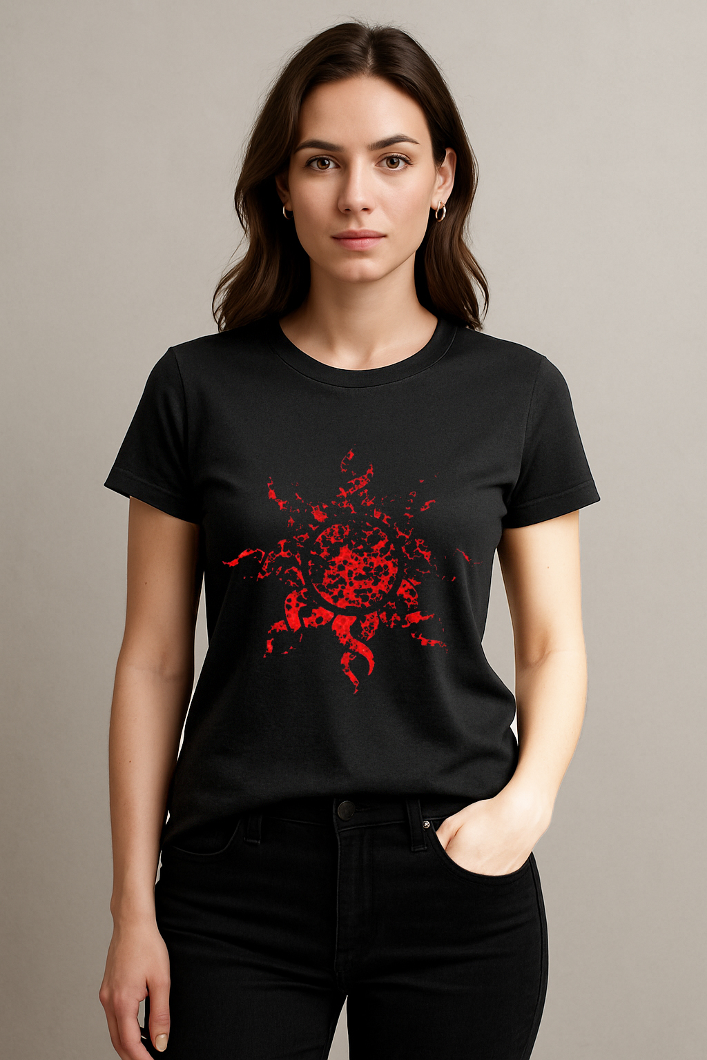 Women’s Black Cotton T-Shirt with Red Abstract Sun Print